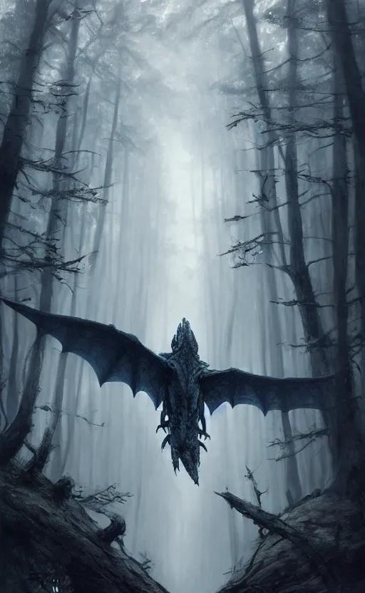 Prompt: wyvern in a dark forest, soft grey and dark blue natural light, intricate, digital painting, artstation, concept art, smooth, sharp focus, illustration, art by greg rutkowski and luis rollo and gil elvgren, symmetry!