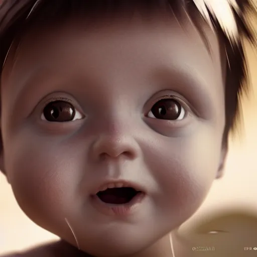 Image similar to ugly baby, splash art, detailed face, photorealistic facial features, cinematic lighting, dramatic, octane render, long lens, shallow depth of field, bokeh, anamorphic lens flare, hyper detailed, 3 5 mm film grain