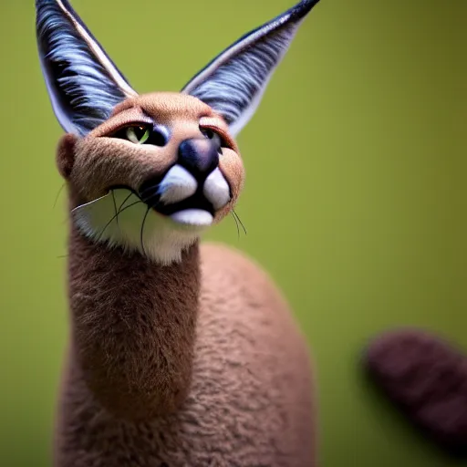 Prompt: a cinematic film still of a claymation stop motion film starring cute fluffy caracal, shallow depth of field, 8 0 mm, f 1. 8