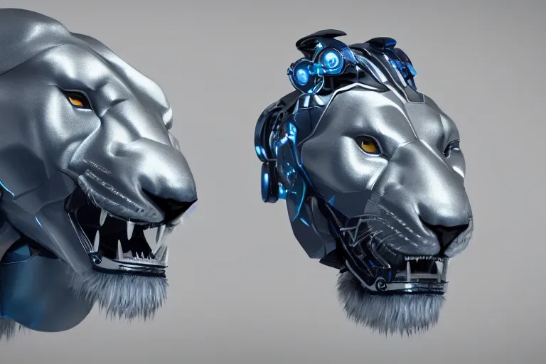 Prompt: lion, futuristic, cybernetic, metal, white blue grey, octane render, studio light, designed by apple