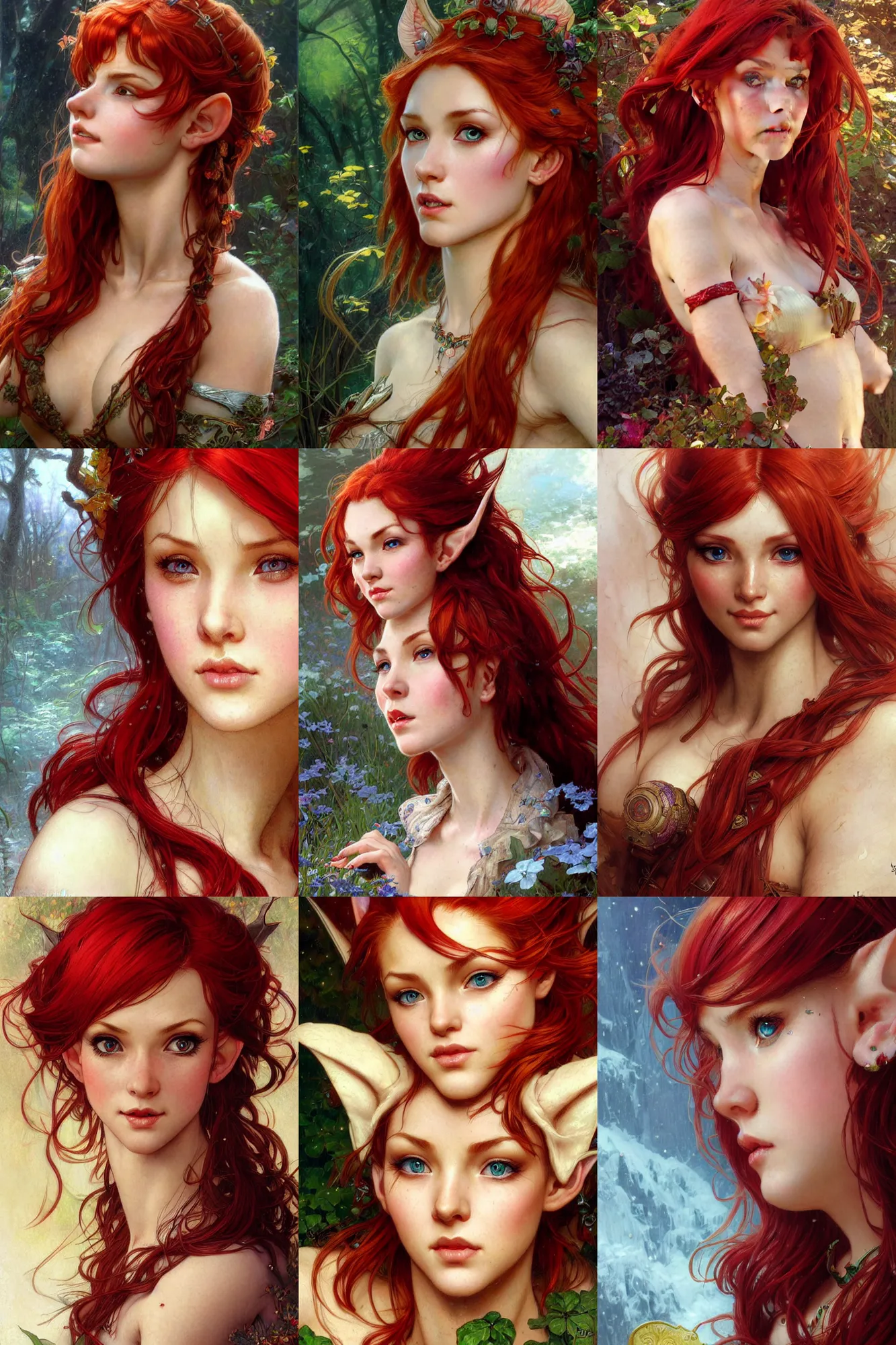 Prompt: alluring highly detailed closeup portrait of beautiful elf girl with red hair, very detailed, realistic, card, by Stanley Artgerm Lau, greg rutkowski, thomas kindkade, alphonse mucha, loish, norman rockwell J.