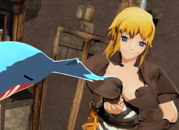 bridget from guilty gear finds a blue shark plush in a