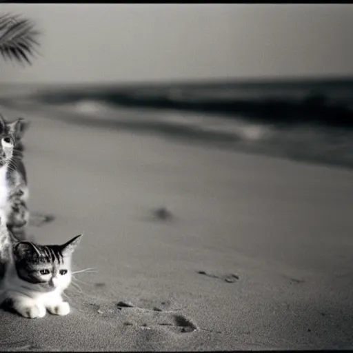 Prompt: a cat lighting a cigar on a beach in 1980, 30mm film n- 6