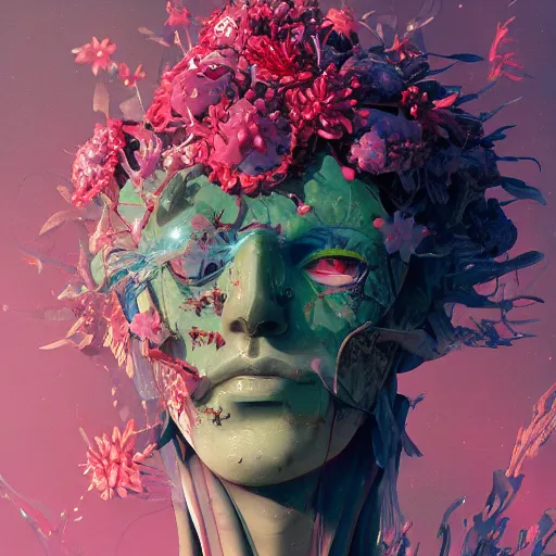 Image similar to surreal gouache painting, by yoshitaka amano, by ruan jia, by conrad roset, by kilian eng, by good smile company, detailed anime 3 d render of a mechanical melting android head with flowers growing out, portrait, cgsociety, artstation, modular patterned mechanical costume and headpiece, retrowave atmosphere