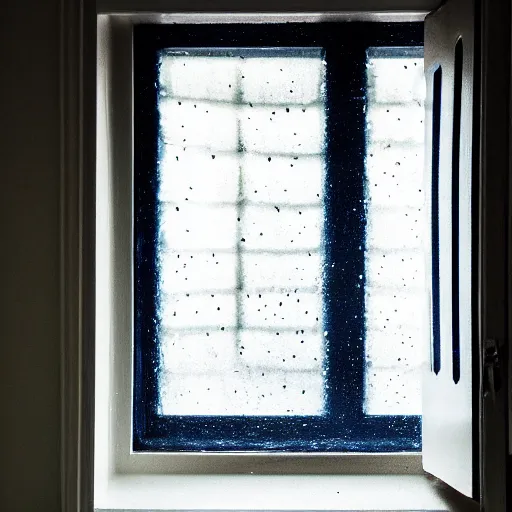 Prompt: photo of dark blue rainy bedroom window at night, creepy face staring in through the window,