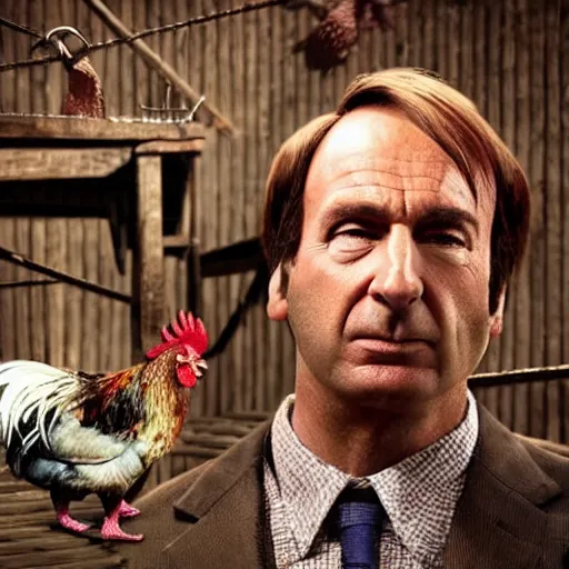 Prompt: saul goodman and a rooster in a medieval torture chamber, scary torture devices in the background, horror movie, saul goodman, rooster, real life photo