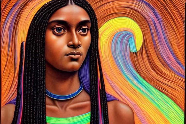 Prompt: patron saint of 🫀🌈👩🏿🦱, brown skin, long braids, perfect eyes, futuristic flowing gown, neon god of city character portrait, in the style of margaret keane, moebius, tom bagshaw, and waterhouse, cinematic, beautiful, elegant, acrylic, sharp focus,