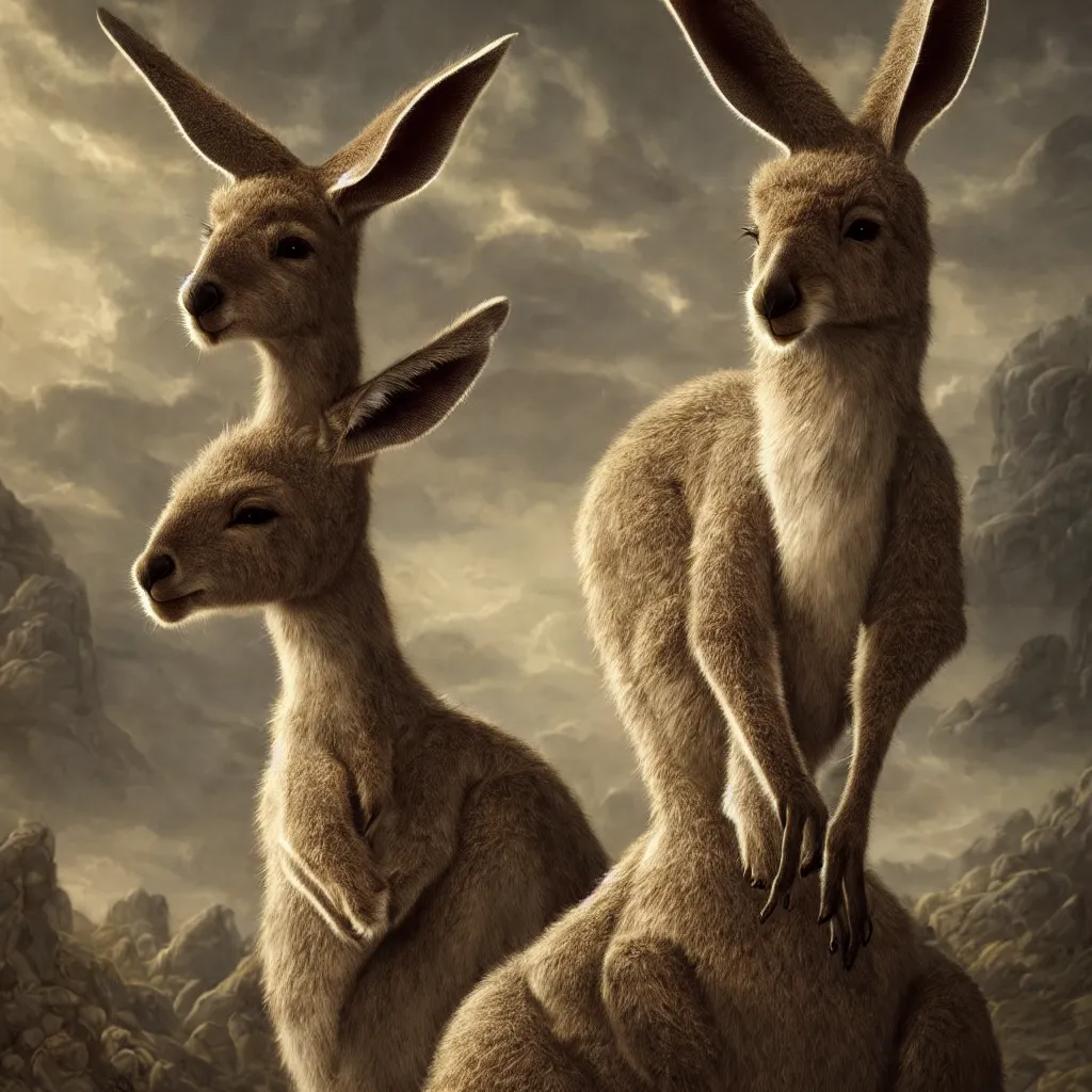 Image similar to Highly detailed portrait of kangaroo with white hair and beard wearing a crown, adventure game, D&D, fantasy art by joseph karl stieler, global illumination, radiant light, detailed and intricate environment