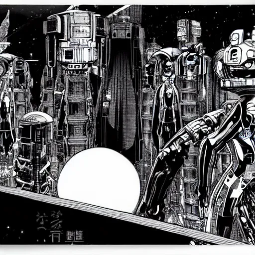 Image similar to sad biological android, through a huge cybernetic megastructure multi - level metropolis in space, black and white, by nihei tsutomu