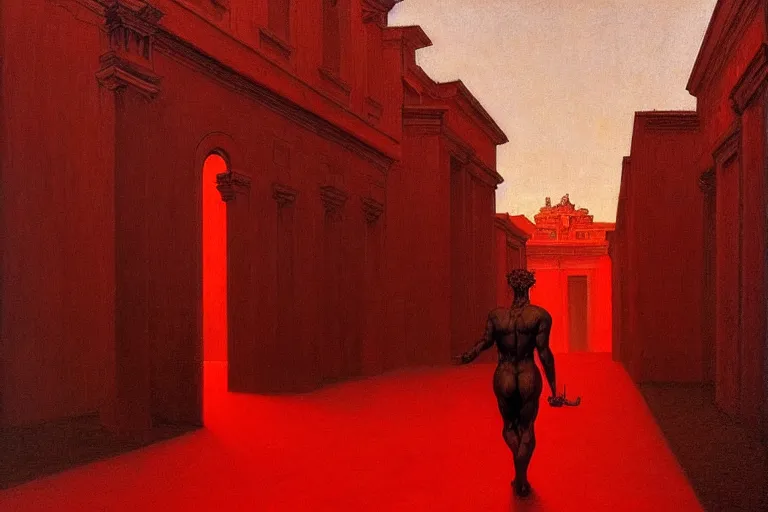 Image similar to only with red, caesar after war, a red tiger, in hoc signo vinces, rome in background, an ancient path, in the style of beksinski, part by hopper, part by rodcenko, part by hofbauer, intricate composition, red by caravaggio, insanely quality, highly detailed, masterpiece, red light, artstation