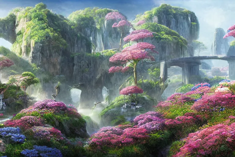 Prompt: Brutalist Shiro in Eden at Dawn amazing cinematic concept painting, by Jessica Rossier , Gleaming White, overlooking a valley, Himeji Rivendell Garden of Eden, wildflowers and grasses, terraced orchards and ponds, lush fertile fecund, fruit trees, birds in flight, animals wildlife, by Brian Froud by Beksinski