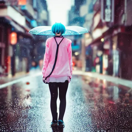 Image similar to hatsune miku walking down a rainy street, ef 8 5 mm f 1. usm