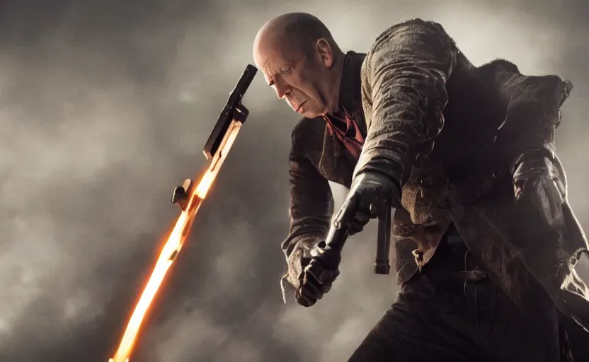 Prompt: photo of bruce willis future vampire hunter, ultra detailed, movie frame, cinematical composition, 4 k