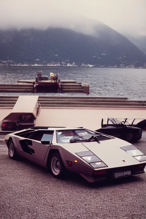 Image similar to Medium Format Portrait Photo of a Lamborghini Countach LP5000 QV parked on a dock in Lake Como, sunny, award winning, highly detailed, depth of field, Cinestill 800t, wide shot, photo print.