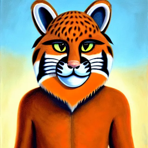 Prompt: orange - furred anthropomorphic bobcat with a light - colored muzzle, stomach, and soles, brown - tufted ears, a short tail with a dark tip, clawed hands, and blue eyes wearing a white t - shirt with a red exclamation mark on it, trending on artstation, detailed, oil on canvas