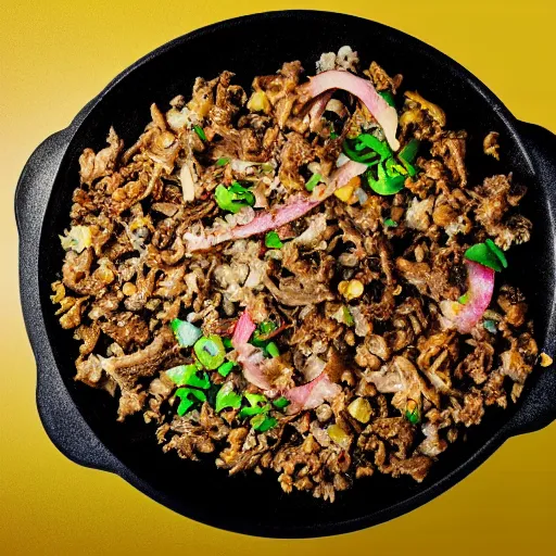 Image similar to filipino sisig, ad campaign, digital art, featured on behance, golden ratio, f32, well composed, cohesive, award-winning photograph