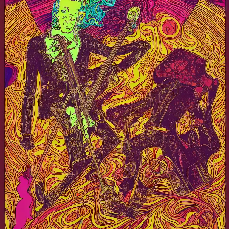 Prompt: beautiful colorful hyperrealist highly detailed psychedelic music poster'angry harold ramis ', psychedelic art nouveau, beautiful high contrast colored wood engraving, moebius comic style, shocking detail trending on artstation 8 k