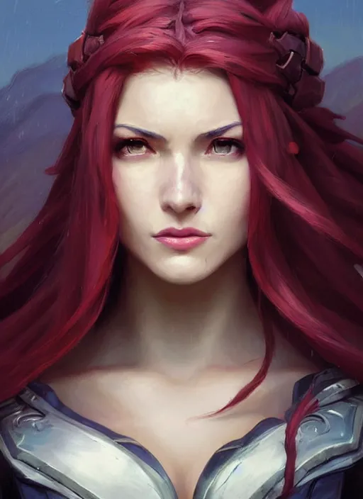Prompt: portrait of Katarina from League of Legends in casual wear, countryside, fantasy character portrait, dynamic pose, above view, view from above, sunny day, thunder clouds in the sky, artwork by Jeremy Lipkin and Giuseppe Dangelico Pino and Michael Garmash and Rob Rey, very coherent symmetrical artwork, perfect face, simple form, 100mm