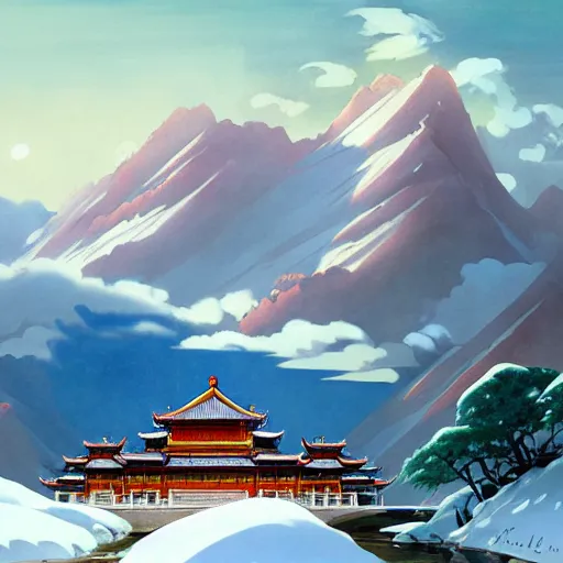 Prompt: a beautiful painting of huge ancient chinese palace on the snow - capped mountains, clouds, in the style of studio ghibli, j. c. leyendecker, greg rutkowski, artem