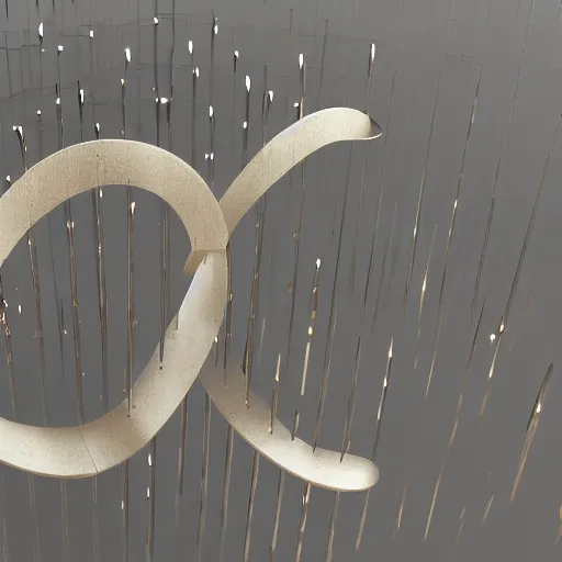 Image similar to a sculpture of music notation, three quater notes, art installation, made of polished reflective broze, cinematic light, rain, 8 k, unreal render, reflections,