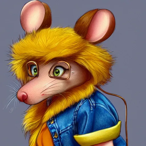 Image similar to anthropomorphic mouse wearing denim short shorts and yellow tank top, short blond fur, highly detailed, artgerm style, artstation, soft light, sharp focus, illustration, character design, concept art