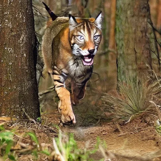 Prompt: Trailcam Nancy Pelosi running chasing you in a forest