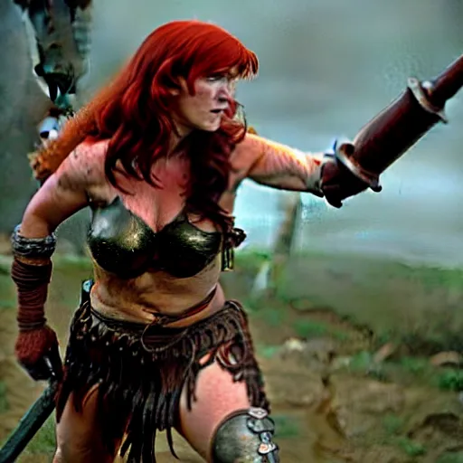 Prompt: jennifer connelly as red sonja, battle scene