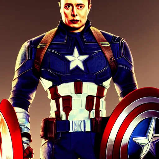 Image similar to of elon musk as captain america, iridescent, beautiful, technological, galactic, hyper-detailed, mega-detailed, realistic, cinematic, octane render, concept art, dark, cosmic, ominous, dramatic, lovecraftian, symmetric, swords, colorful and dark