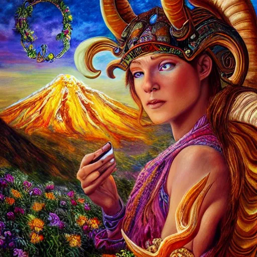 Prompt: painting by senior concept artist josephine wall, horned ram goddess checking her cell phone, erupting volcano in distance, sunset, flowers in foreground, zodiac, fantasy, acrylic on canvas, intricately detailed, highly detailed, high resolution, hdr, 8 k, trending on artstation