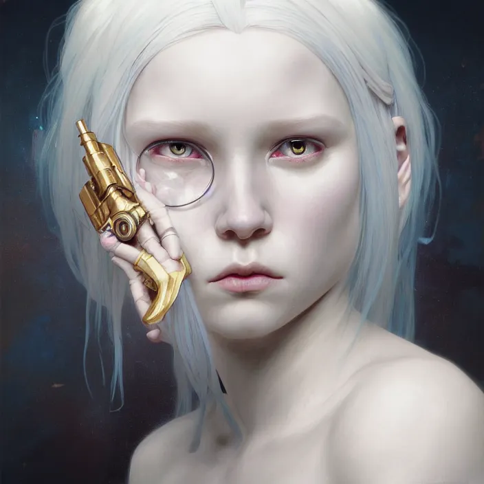 Image similar to excellent painted portrait of a albino girl with white hair, steampunk art, character artwork, 8k resolution artwork, trending on artstation, detailed oil painting portrait, art by artgerm and greg rutkowski and alphonse mucha and craig mullins and James Jean and Andrei Riabovitchev and Marc Simonetti and peter mohrbacher, matte painting