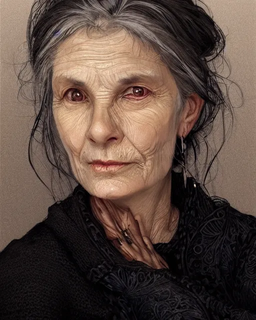 Image similar to portrait 6 0 - year - old woman, tall, severe - looking, with dark hair tied up in a bun, wearing in black clothes, hyper realistic face, beautiful eyes, fantasy art, in the style of greg rutkowski, intricate, alphonse mucha, hyper detailed, smooth