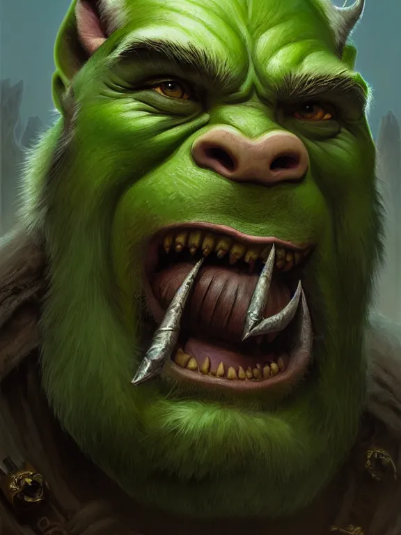 Image similar to portrait of a green mountain orc, looking at camera, d & d, savage warrior, fur attire, aztec hair, pig noses, intricate, fantasy, extremely detailed, digital painting, artstation, concept art, smooth, sharp focus, illustration, ambient lighting, art by artgerm and greg rutkowski and alphonse mucha and simon stalenhag
