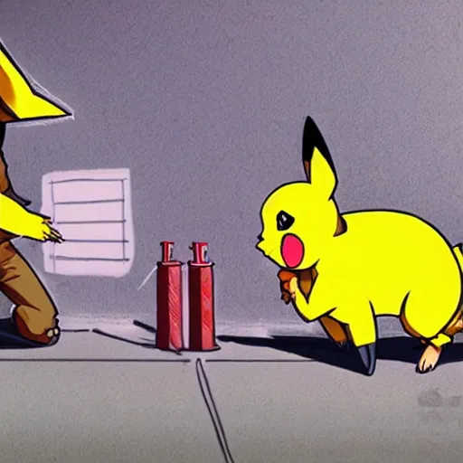 Image similar to A real life pikachu buying drugs from a random dude in a hoodie in an alley, photorealistic art