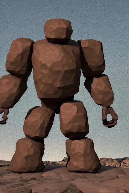 Image similar to a chunky brown rock golem made of hexagonal rocks with broad shoulders and a short thick neck, unreal engine, path tracing