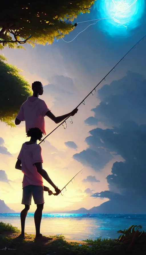 Prompt: highly detailed portrait of a young modern jamaican man fishing with a magical glowing fishing rod weapon, ocean background, unreal engine, fantasy art by greg rutkowski, loish, rhads, makoto shinkai and lois van baarle, ilya kuvshinov, rossdraws, tom bagshaw, global illumination, radiant light, detailed and intricate environment