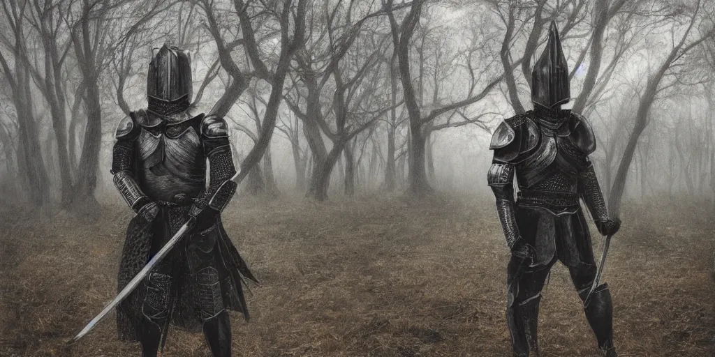 Prompt: Ben EvrardPro a whole-length portrait of a black knight many dry branch with man ,wearing armor , In the morning mist ,can't see face ,in style of realistic