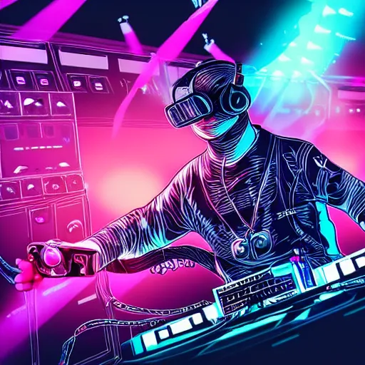 Image similar to intricate detailed artwork of a futuristic hardstyle music dj at an mainstage festival rave in the style of Sandra Pelser, VR headset, wires, speakers