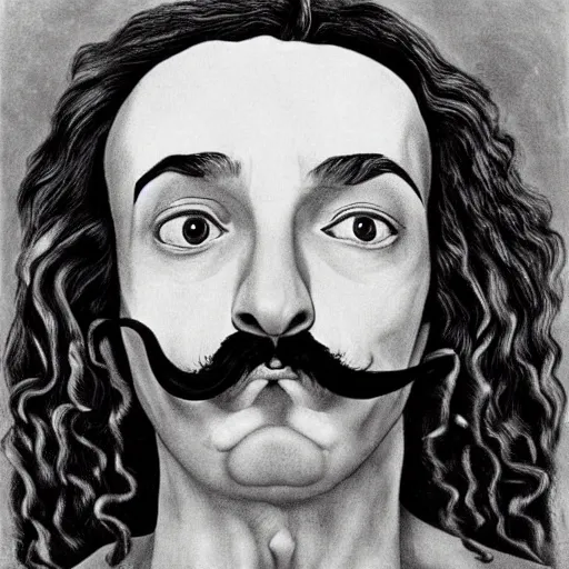 Image similar to Adam Ondra, portrait, long mustache, mustache is climbing rope, by Dali, style of salvador dali self-portrait