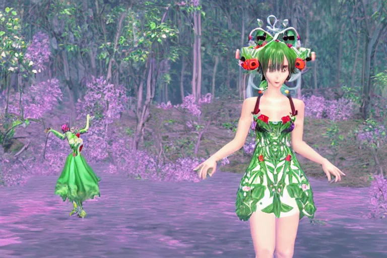 Image similar to cute female forest spirit wearing ornate floral cybernetic hungarian valentino resort dress in a 3 d psx ps 2 jrpg style, esoteric magical alien meadow ritual environment, fashion gameplay battle sequence screenshot with ui hud elements, highly detailed, atelier, xenogears