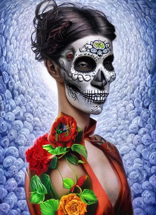 Image similar to dia de los muertos theme surrealist art in the styles of igor morski, jim warren, and osborne macharia, intricate, hyperrealistic, accurate facial details, profile picture with chromakey!!!!! background, volumetric lighting