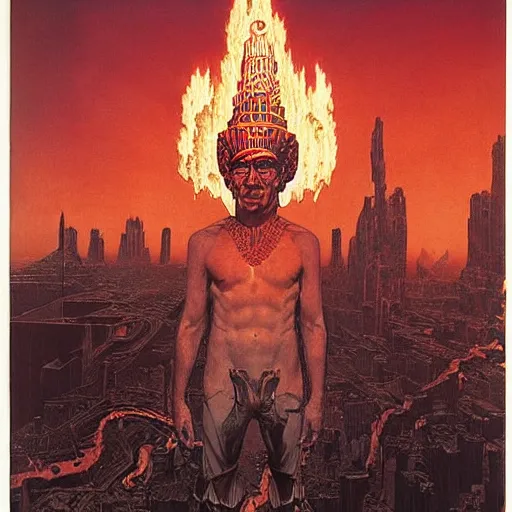 Image similar to giant mayan joe biden!!!!!!!!!!!!!!!!!!!!!!!! with flaming eyes standing over city, perfectly clear face, by j. c. leyendecker and beksinski