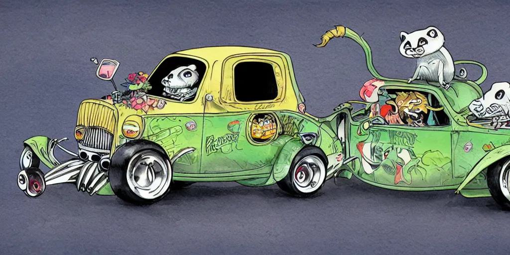 Image similar to racoon riding in a tiny hot rod coupe with oversized engine, ratfink style by ed roth, centered award winning watercolor pen illustration, by chihiro iwasaki, edited by range murata