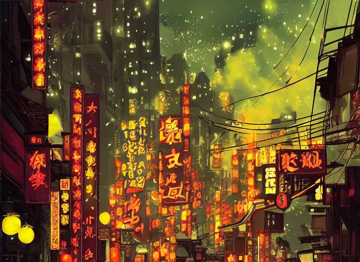 Prompt: anime illustration of 1 9 2 0 s hong kong at night lit by the stars, wispy smoke, highly detailed face, very intricate, symmetrical, cinematic lighting, award - winning, painted by wong kar - wai and mandy jurgens and peter doig, dystopian, bold colors, dark vibes, featured on artstation