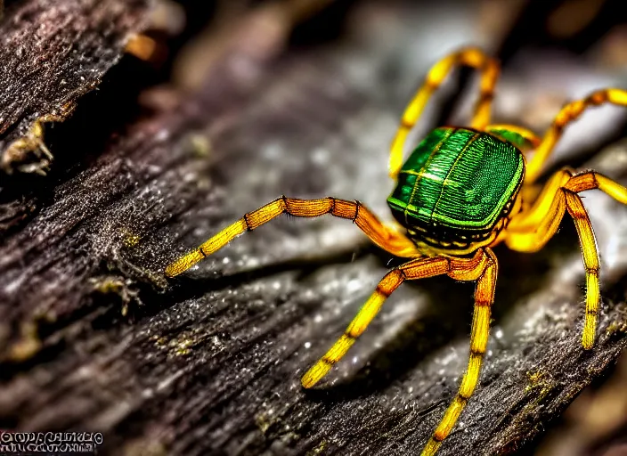 Image similar to super macro of a translucent crystal spider in the forest. Fantasy magic style. Highly detailed 8k. Intricate. Nikon d850 300mm. Award winning photography.