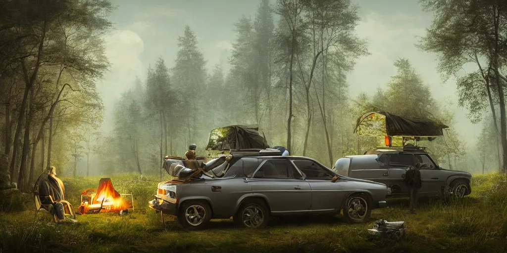 Prompt: knight camping next to green car, elegant scene, low angle, wide angle, indian forest, wide angle, cinematic, ultrarealistic, trending on artstation, cgsociety, highly detailed, color graded, rendered in unreal engine 4 k hq, matte painting, by simon stalenhag and hudson river school, horizon forbidden west