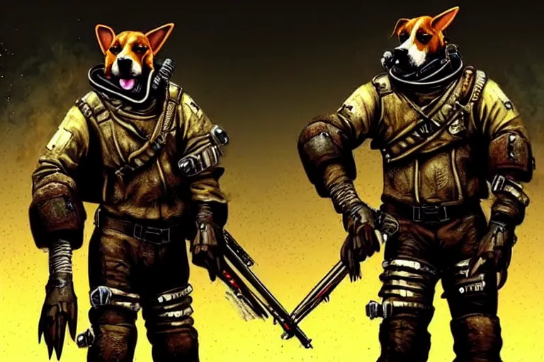 Image similar to a good ol'hound dog fursona ( from the furry fandom ), heavily armed and armored facing down armageddon in a dark and gritty version from the makers of mad max : fury road. witness me.