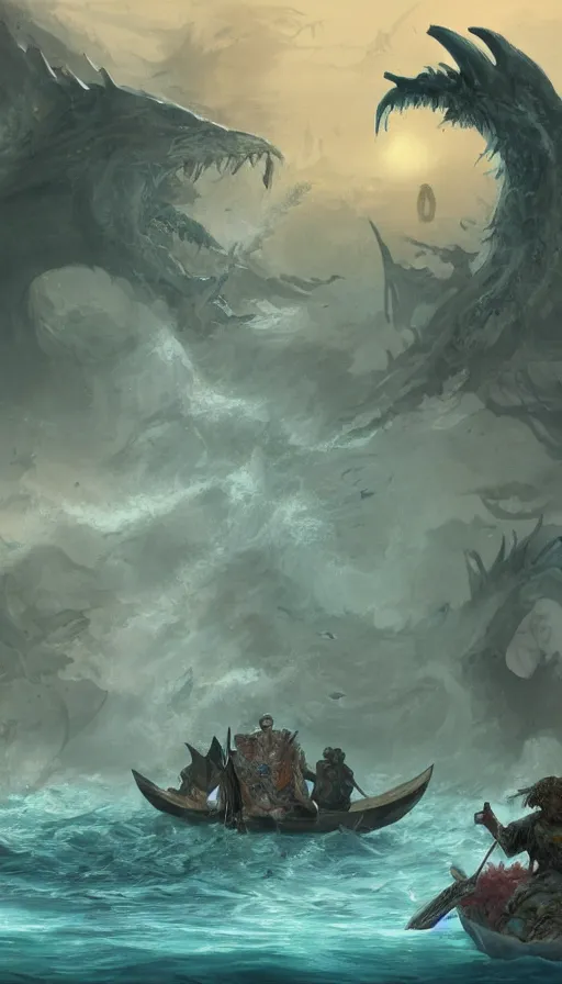 Prompt: man on boat crossing a body of water in hell with creatures in the water, sea of souls, by d & d concept artists