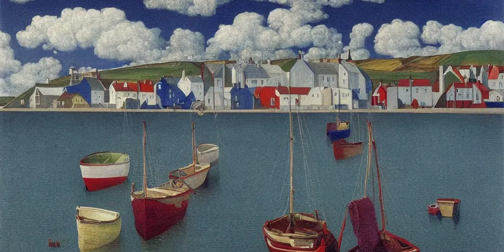 Prompt: a painting of the harbour at Stromness, orkney islands, small houses, boats, sea, stormy clouds, by René Magritte