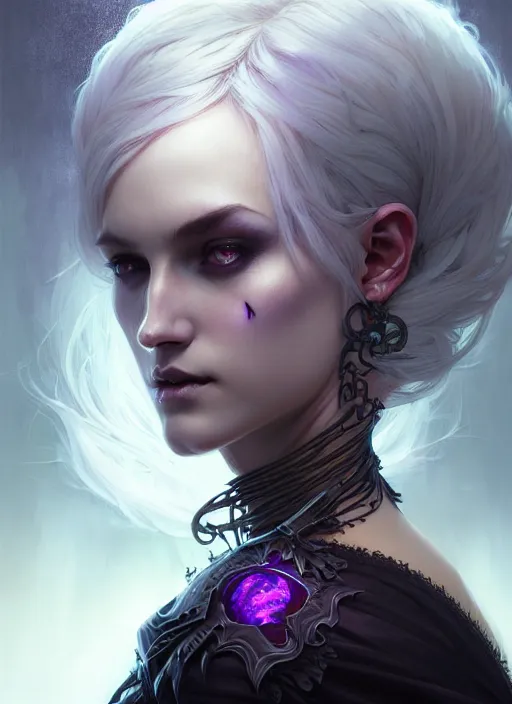 Image similar to Necromancer Sorceress, fantasy magic, undercut hairstyle, dark light night, intricate, elegant, sharp focus, illustration, highly detailed, digital painting, concept art, matte, art by WLOP and Artgerm and Greg Rutkowski and Alphonse Mucha, masterpiece