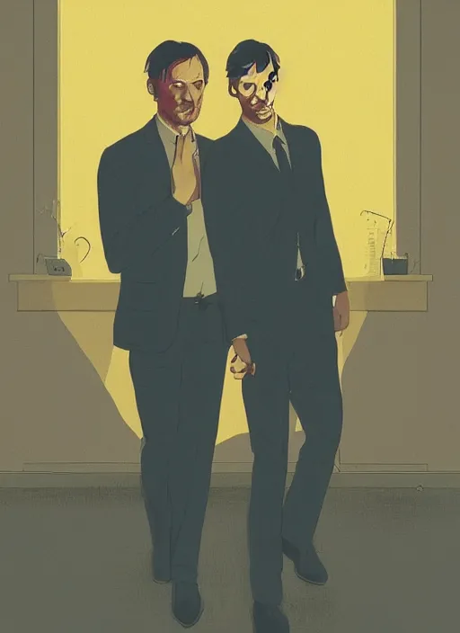 Prompt: portrait of Mads Mikkelsen and Hugh Dancy holding hands romantically as they chaperone school dance by Michael Whelan, Bob Larkin and Tomer Hanuka, simple illustration, domestic, nostalgic, clean, Matte painting, trending on artstation and unreal engine, New Yorker magazine cover